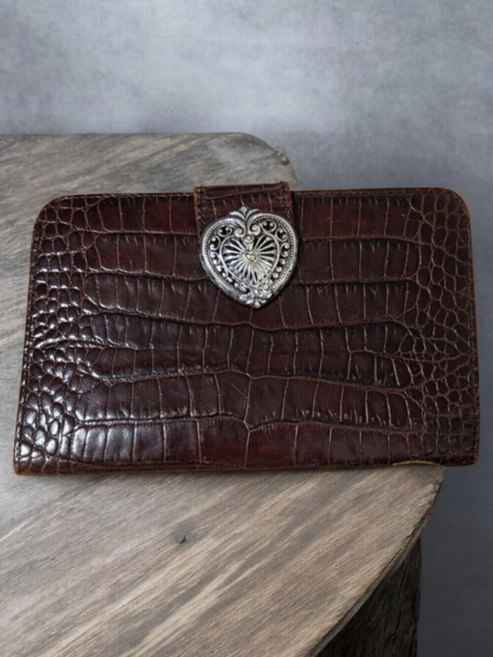 Brighton Brown Croc-Embossed Checkbook Wallet with Heart Closure.